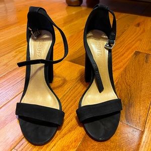 Black Suede Schutz Heel Sandals